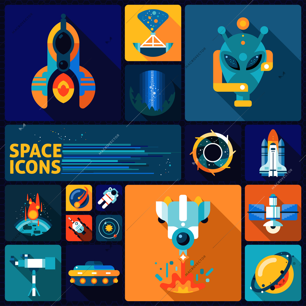 Space exploration decorative icons flat set with alien rockers telescope asteroid isolated vector illustration