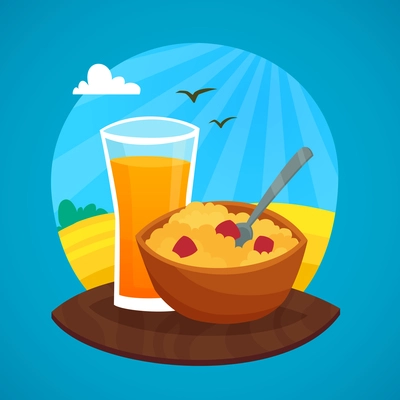 Breakfast design concept with glass of orange  juice and  bowl of cereal at rural landscape background vector illustration