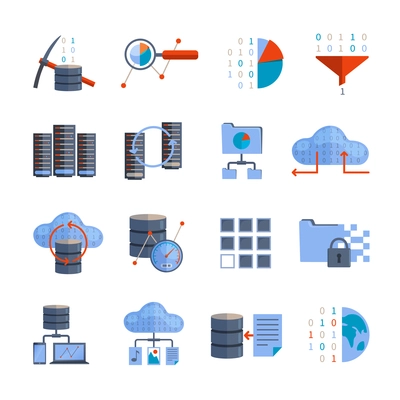 Data processing and information analytics flat color icons set isolated vector illustration