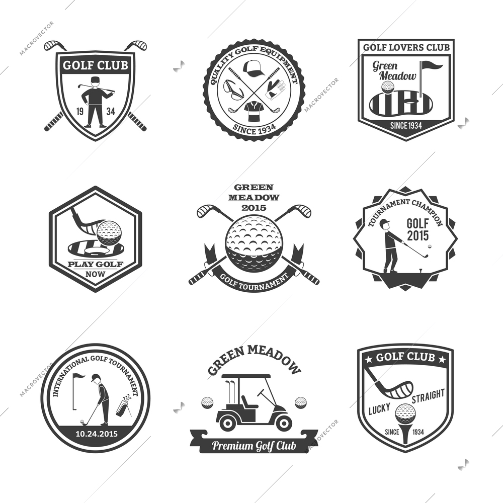 Golf black white emblems set with golf clubs and champions symbols flat isolated vector illustration