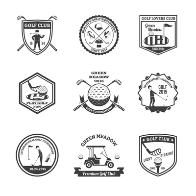 Golf black white emblems set with golf clubs and champions symbols flat isolated vector illustration