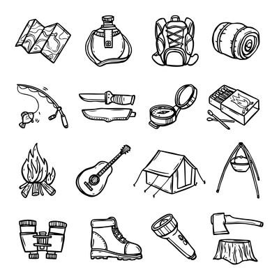 Camping black white icons set with tent rucksack and map flat isolated vector illustration