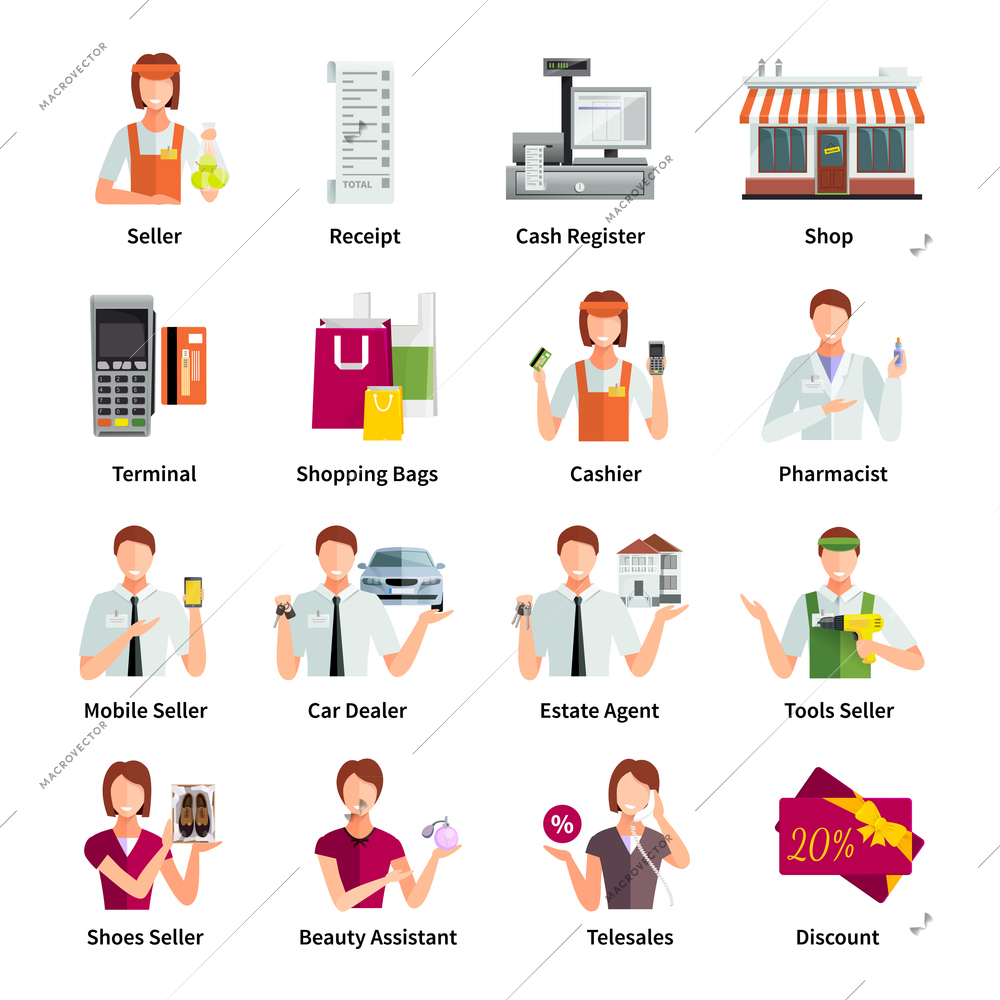 Salesman flat color icons set with pharmacist car dealer estate agent mobile seller isolated vector illustration