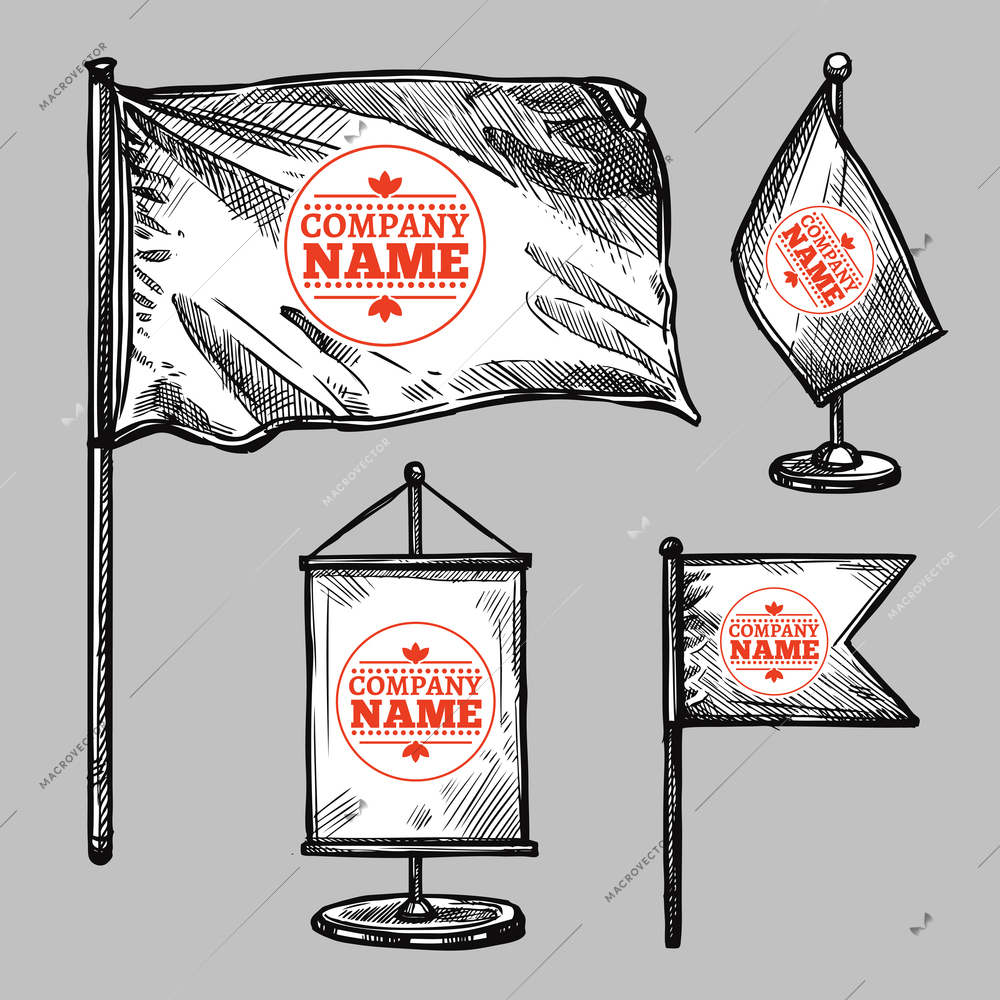 Sketch flags set with a company logo on grey background isolated vector illustration