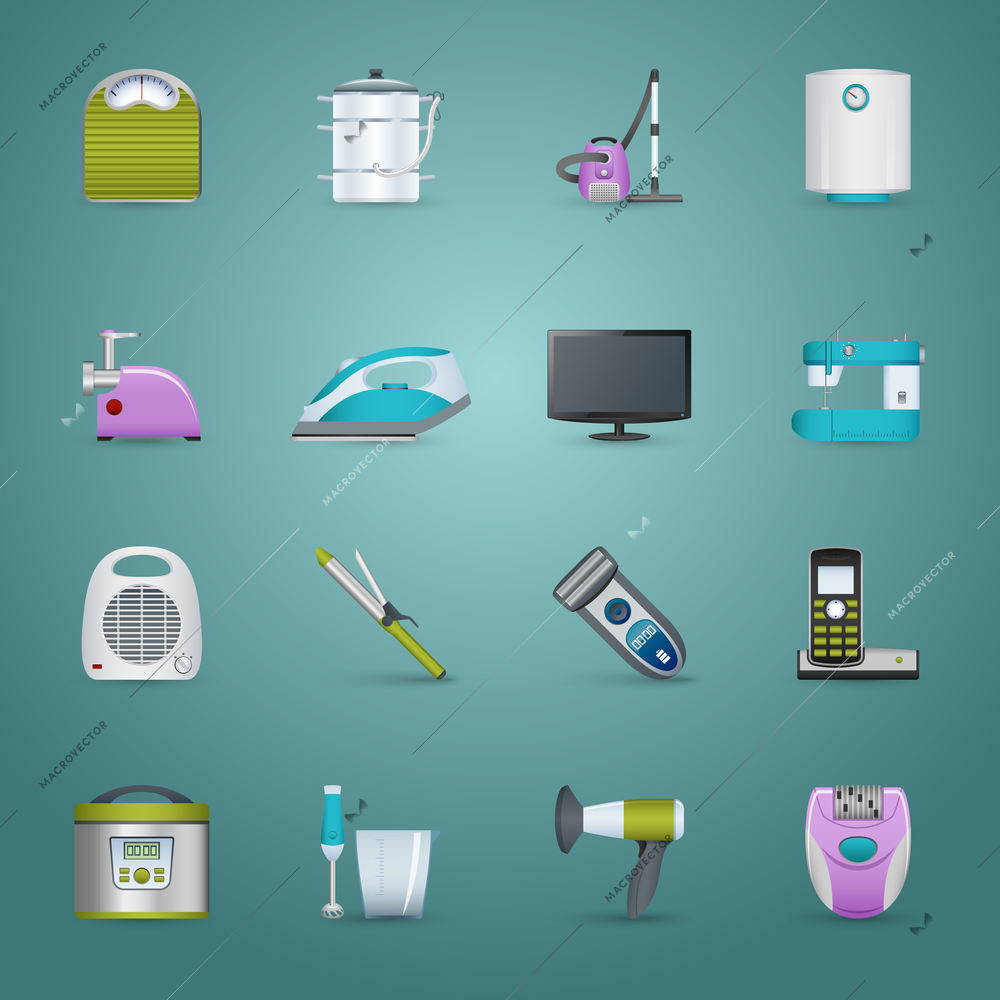 Home appliances realistic icons set with iron heater and vacuum cleaner isolated vector illustration