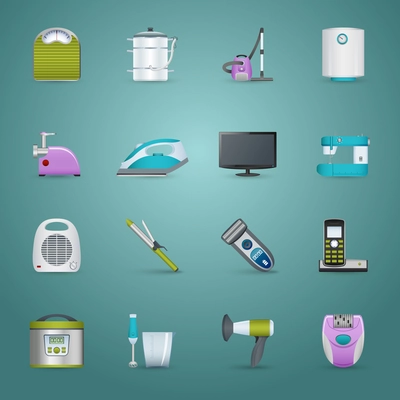 Home appliances realistic icons set with iron heater and vacuum cleaner isolated vector illustration