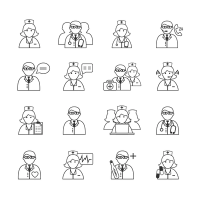 Medicine doctors and nurses icons set for emergency healthcare and hospital isolated vector illustration