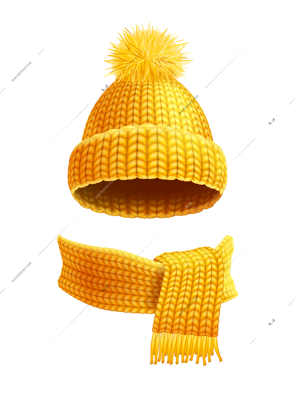 Modern winter knitted beanie hat with pompon and scarf set in yellow golden realistic pictogram vector illustration