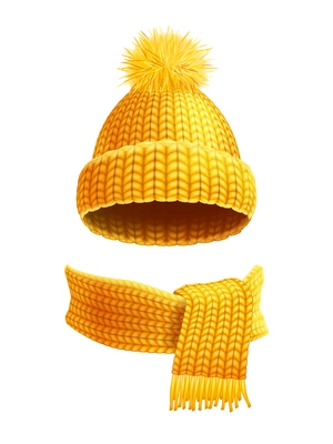 Modern winter knitted beanie hat with pompon and scarf set in yellow golden realistic pictogram vector illustration