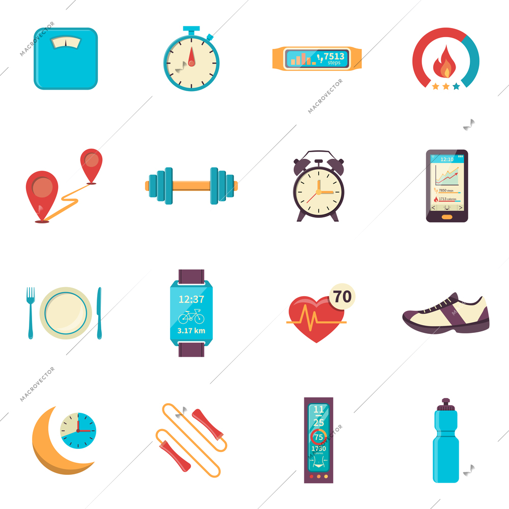 Fitness tracker flat color icons with modern digital devices for health control during physical activity isolated vector illustration