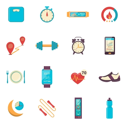 Fitness tracker flat color icons with modern digital devices for health control during physical activity isolated vector illustration