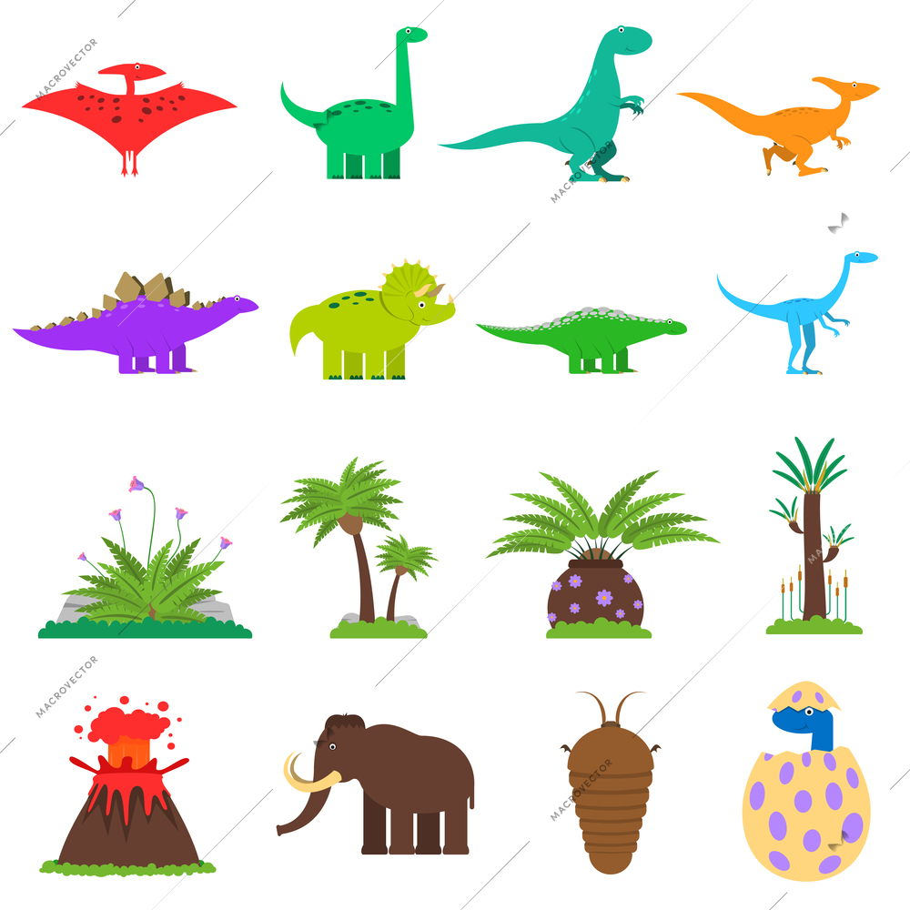 Dinosaurs and prehistoric plants flat icons set isolated vector illustration