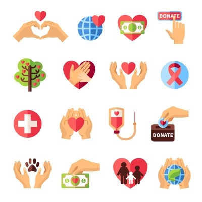 Charity icons set with volunteering symbols flat isolated vector illustration