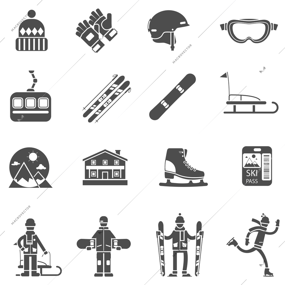 Winter sport black icons set with extreme snow activities items isolated vector illustration