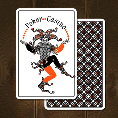 Joker cards on wooden background with poker casino title realistic vector illustration