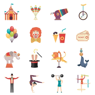 Circus performance flat color icons set with clown balloons tent acrobat and trained animals isolated vector illustration
