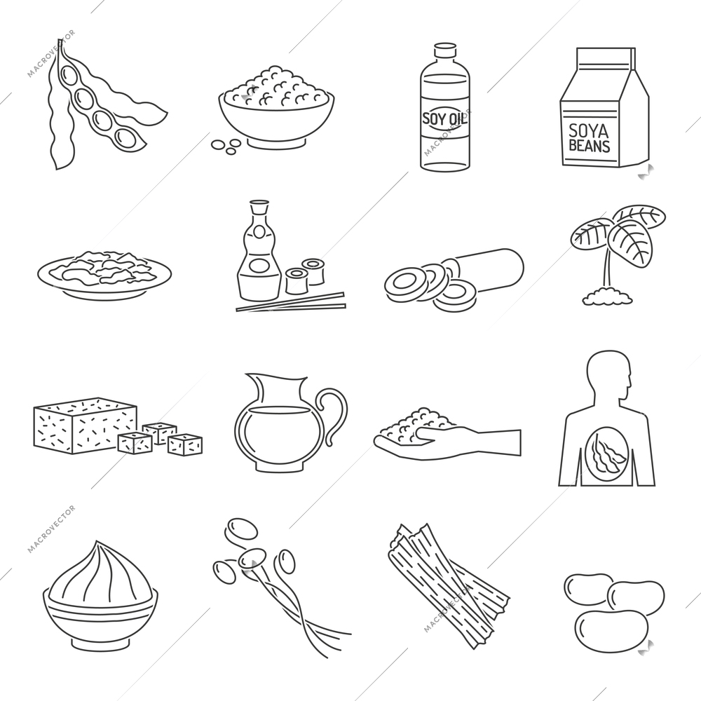 Soy food line icons set with healthy vegetarian organic products isolated vector illustration