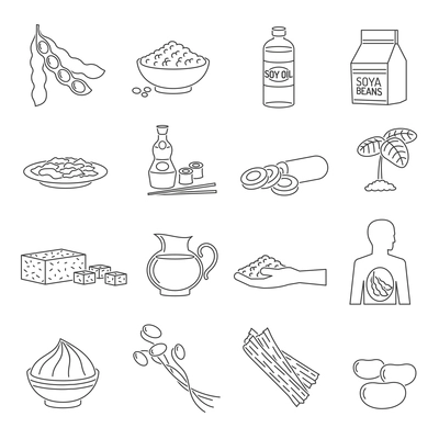 Soy food line icons set with healthy vegetarian organic products isolated vector illustration