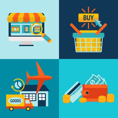 Online shopping business icons set of internet catalog purchase and delivery service vector illustration