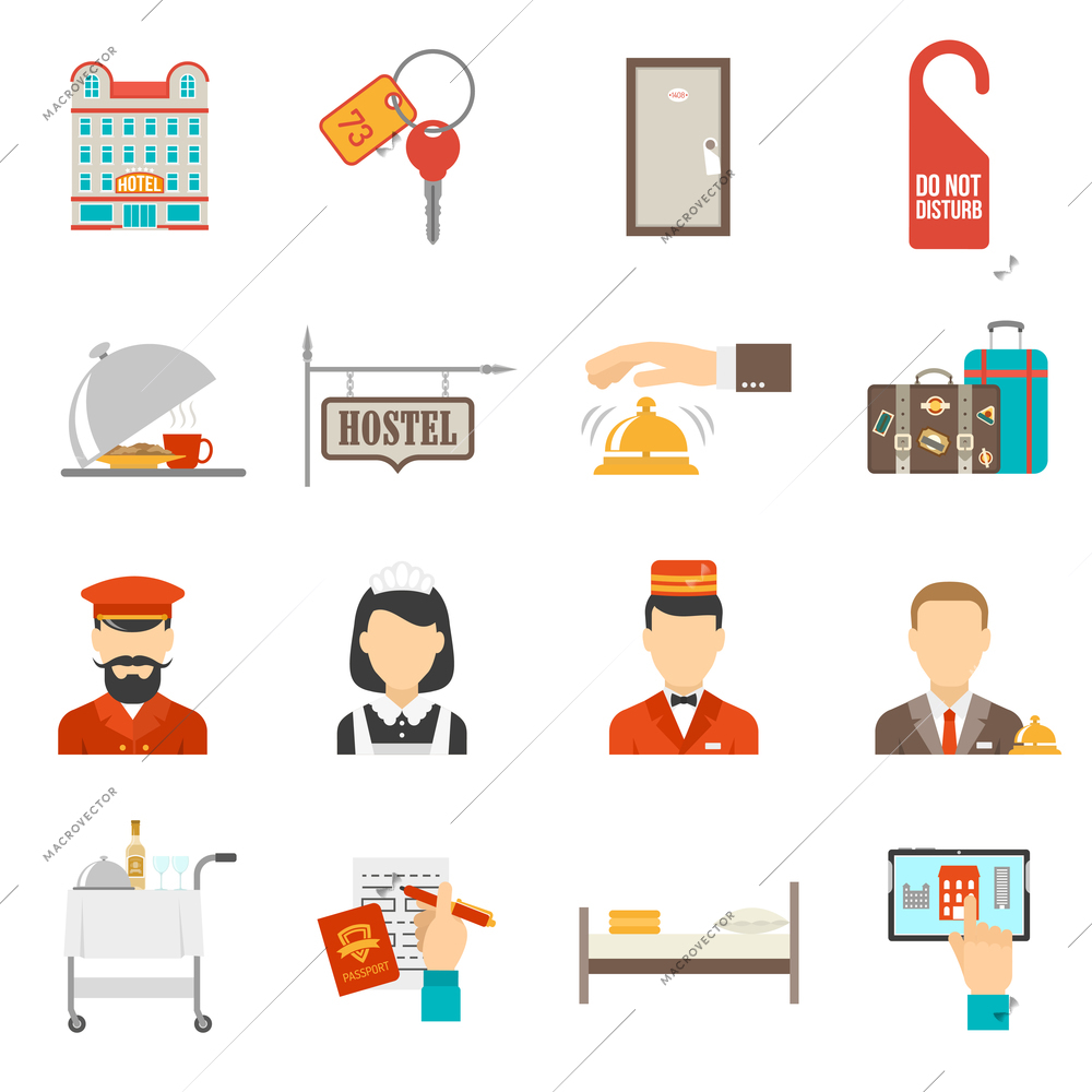 Hotel service flat icons set with different appliances isolated vector illustration