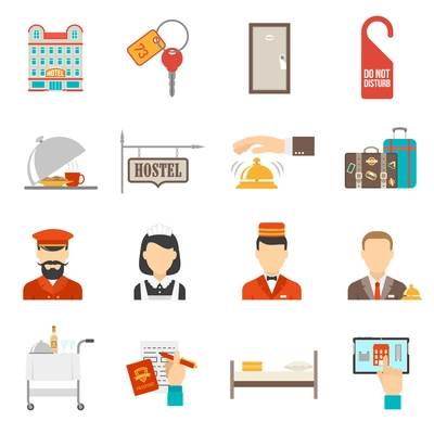 Hotel service flat icons set with different appliances isolated vector illustration