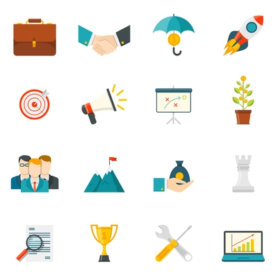 Entrepreneurship flat color icons set with business startup work in team leadership handshake elements isolated vector illustration