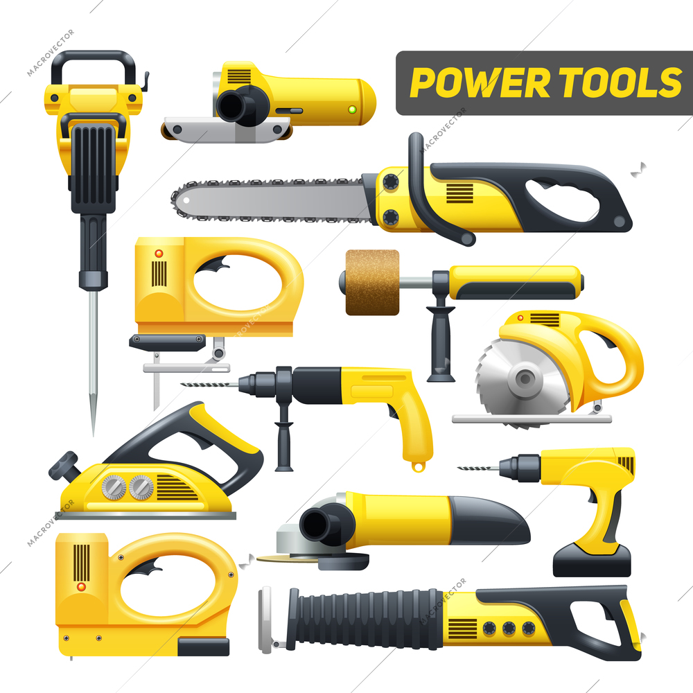 Electric power construction worker tools flat pictograms set in black and yellow abstract isolated vector illustration