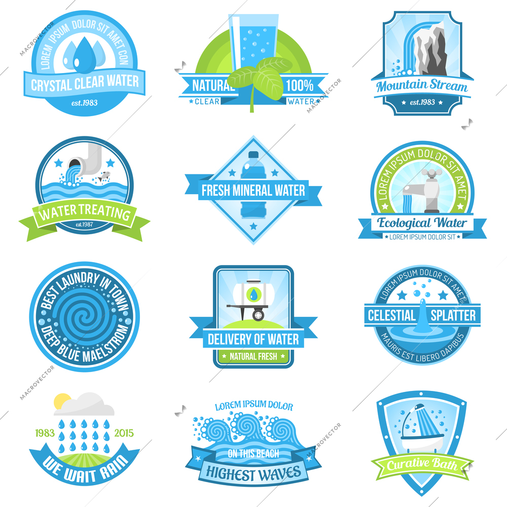 Clear fresh high quality pure water emblem set isolated vector illustration