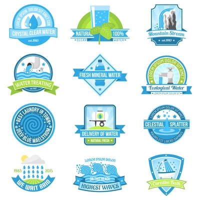 Clear fresh high quality pure water emblem set isolated vector illustration