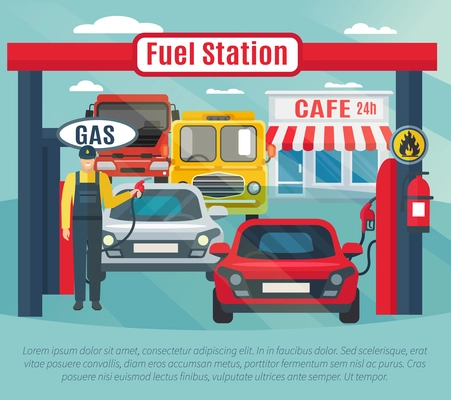 Gas station background with fuel worker cars and cafe flat vector illustration