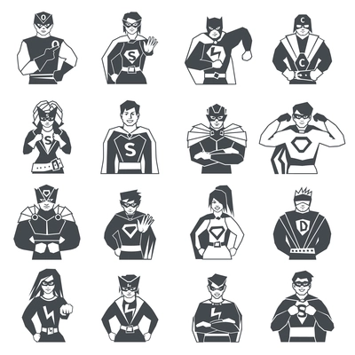 Superhero characters black white icons set with costumes flat isolated vector illustration