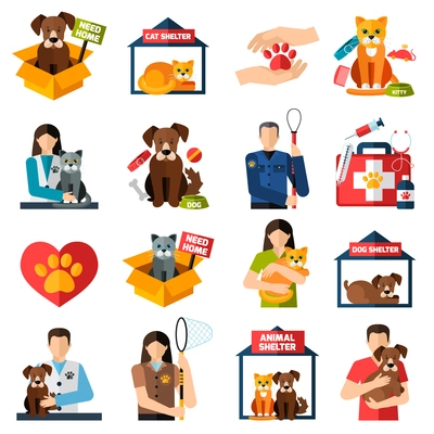 Animal shelter icons set with volunteers with cats and dogs isolated vector illustration