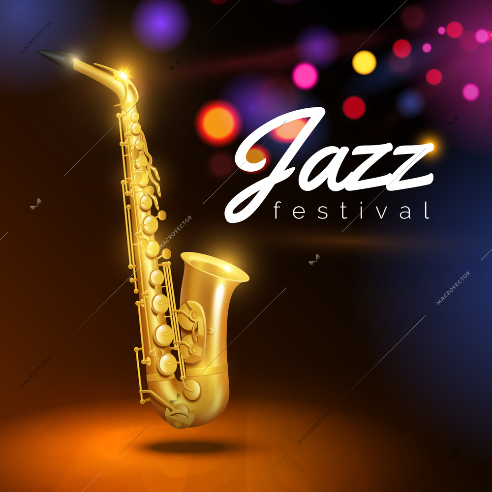 Golden saxophone on black background with colored lights and caption jazz festival  vector Illustration