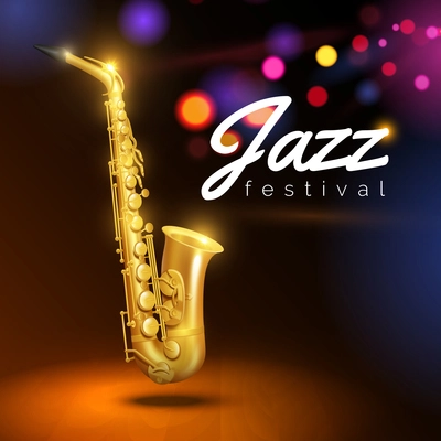 Golden saxophone on black background with colored lights and caption jazz festival  vector Illustration