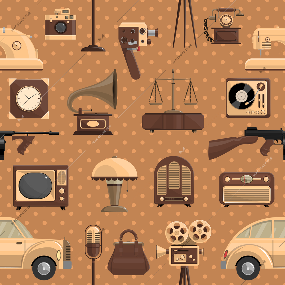 Retro seamless pattern with car lamp and bag flat vector illustration