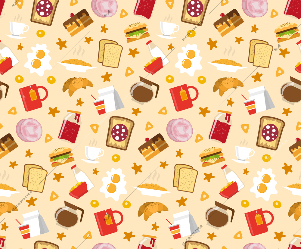 Breakfast seamless pattern with sandwiches cake and coffee flat vector illustration