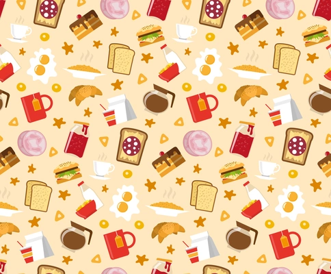 Breakfast seamless pattern with sandwiches cake and coffee flat vector illustration