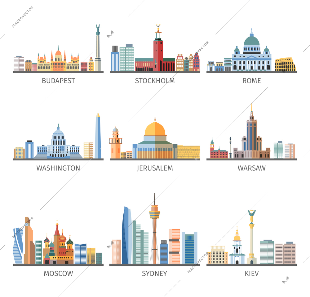 World famous capitals historical and modern landscapes and landmarks flat pictograms collection design abstract isolated vector illustration