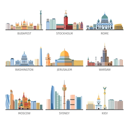 World famous capitals historical and modern landscapes and landmarks flat pictograms collection design abstract isolated vector illustration