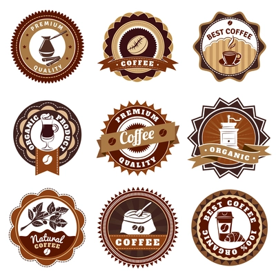 Nostalgic best quality premium coffee emblems labels collection for sale vintage brown abstract isolated vector illustration