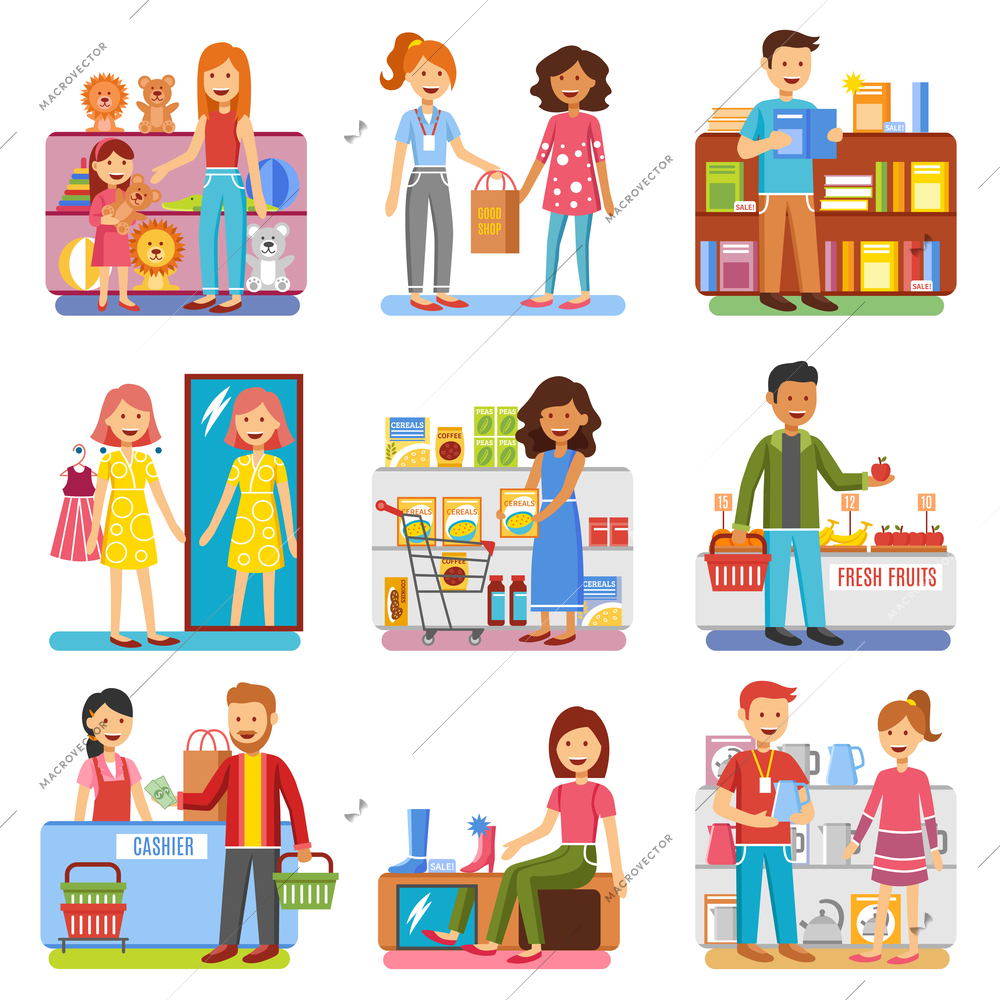 Family shopping in department store for shoes toys and clothes and food flat pictograms collection isolated vector illustrations