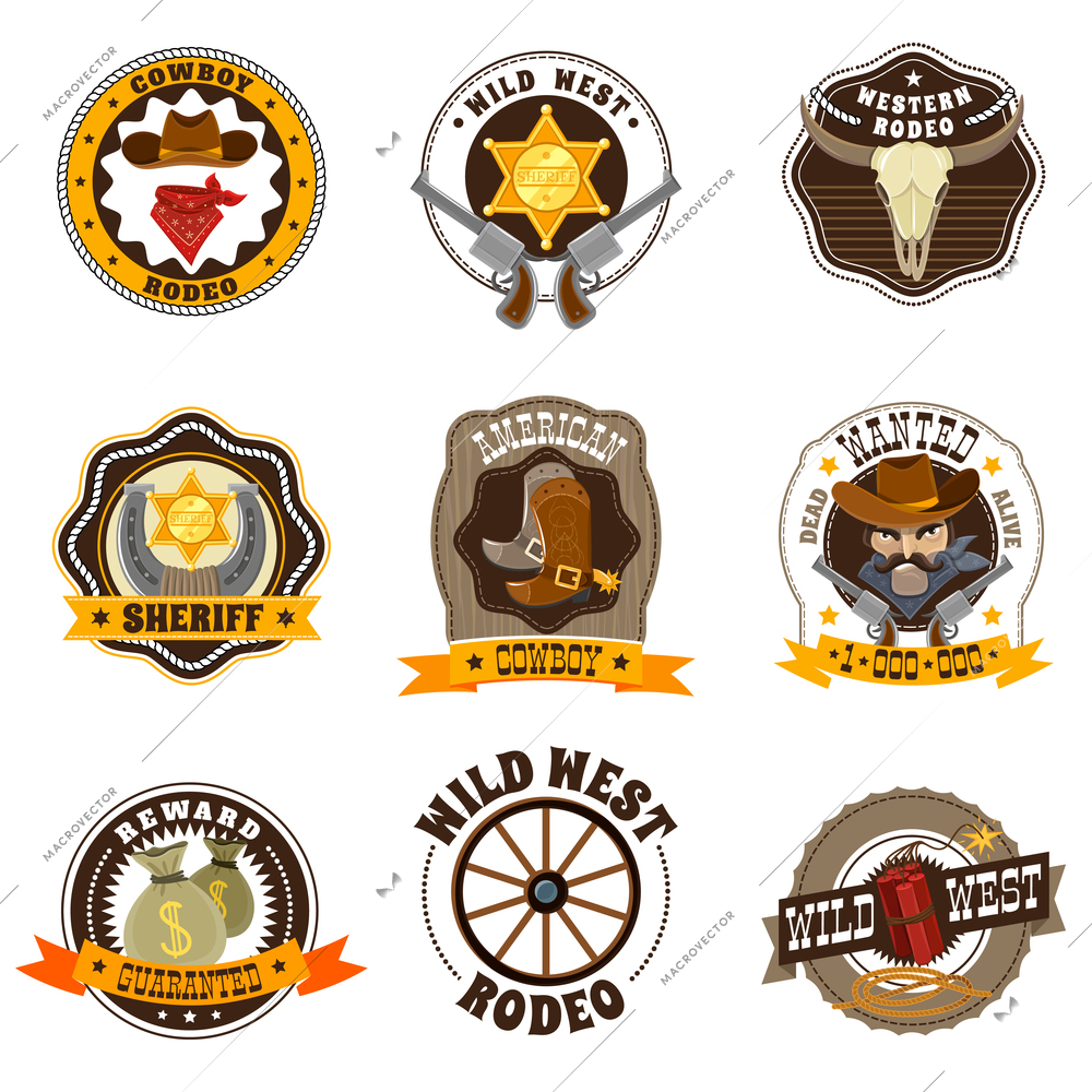 Cowboy cartoon labels set with Wild West and rodeo symbols isolated vector illustration