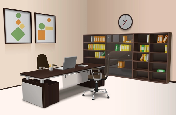 Realistic office interior with work desk chair and bookshelf 3d vector illustration