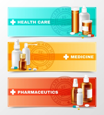 Medicines realistic horizontal banners set with health care and pharmaceutics symbols isolated vector illustration