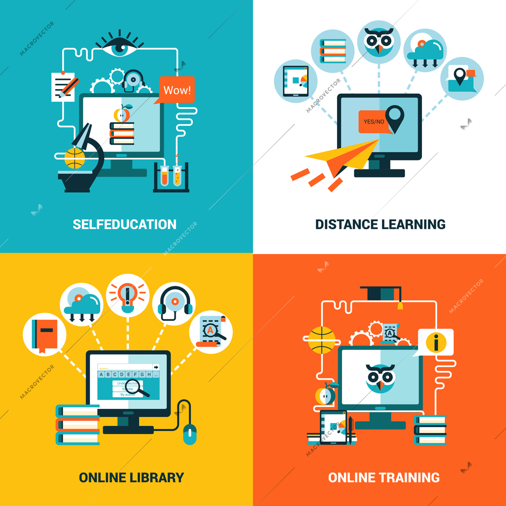 Online education design concept with flat icons composition of selfeducation distance learning online library and online training vector illustration