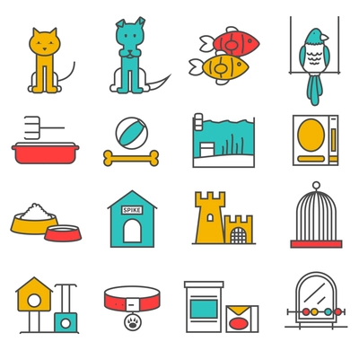 Pets line icons set with animal care symbols isolated vector illustration