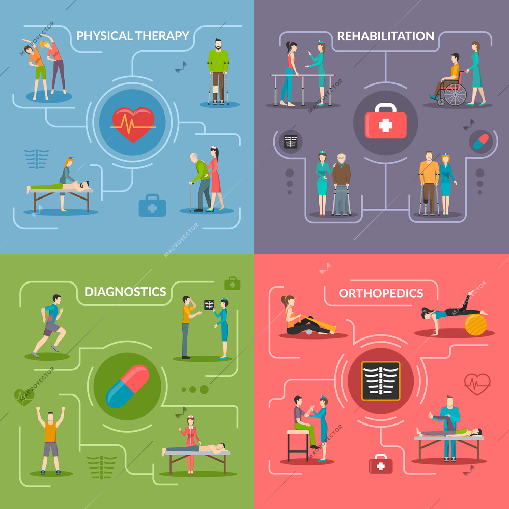 Physiotherapy rehabilitation 2x2 flat design concept set of orthopedic exercises medical diagnostics geriatric and palliative care icons vector illustration