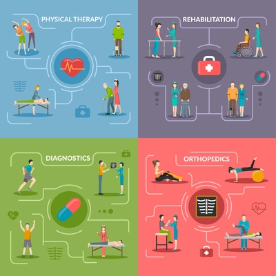 Physiotherapy rehabilitation 2x2 flat design concept set of orthopedic exercises medical diagnostics geriatric and palliative care icons vector illustration