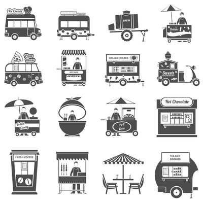 Street food black white icons set with pop corn fresh juice and sweets symbols flat isolated vector illustration