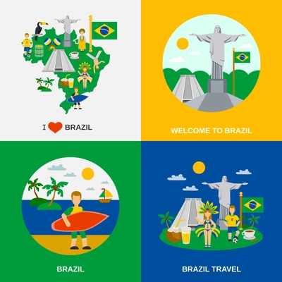 World cultural travel 4 flat icons square composition with brazilian national symbols and colors abstract vector illustration